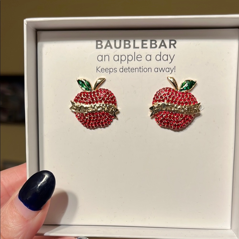 NIB BaubleBar Red and Green #1 Teacher Apple Earrings Rhinestones